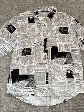 Women’s Newspaper Black & White Print Long-Sleeve Button-Up Shirt